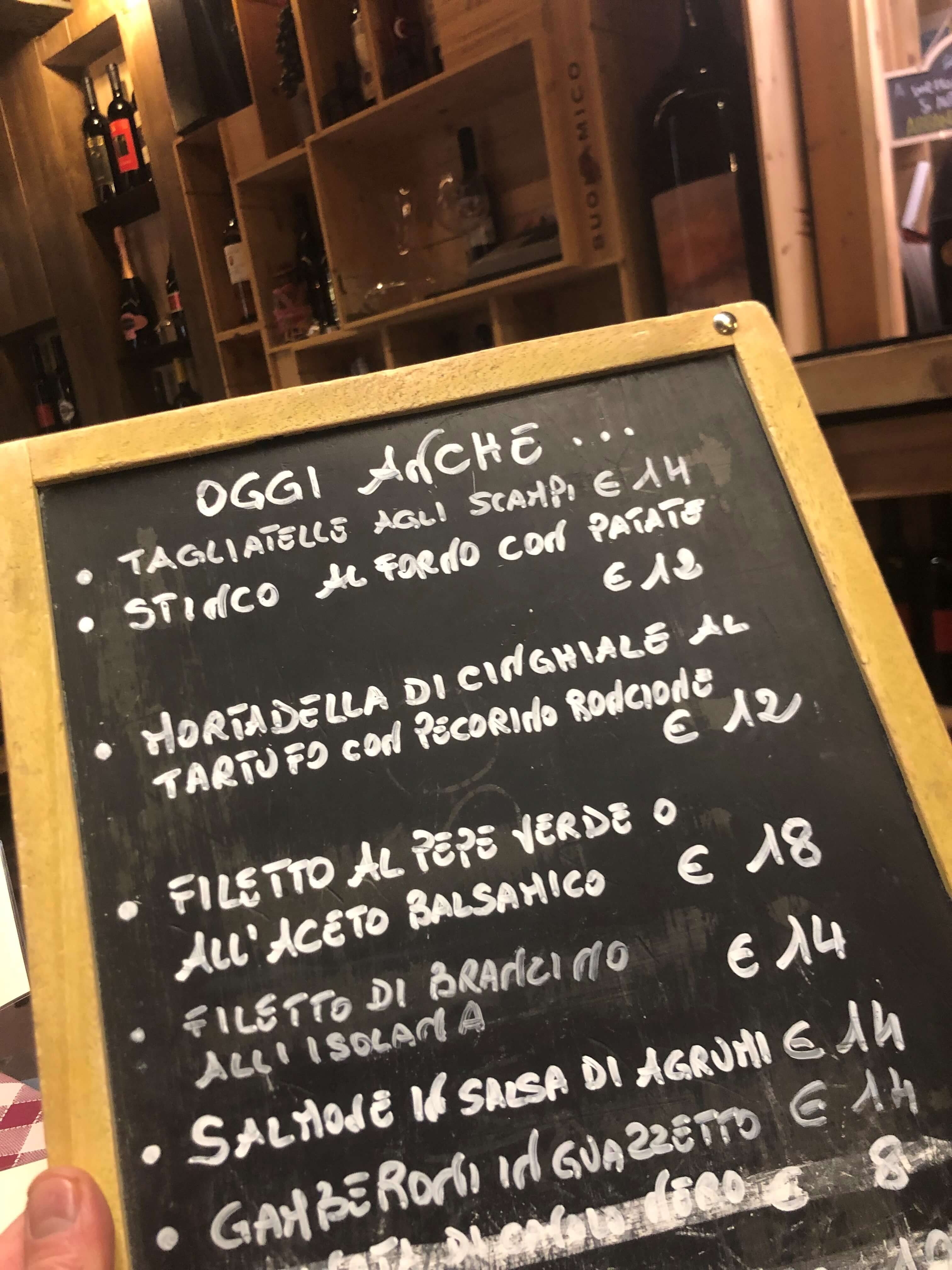 menu at trattoria Borghesi